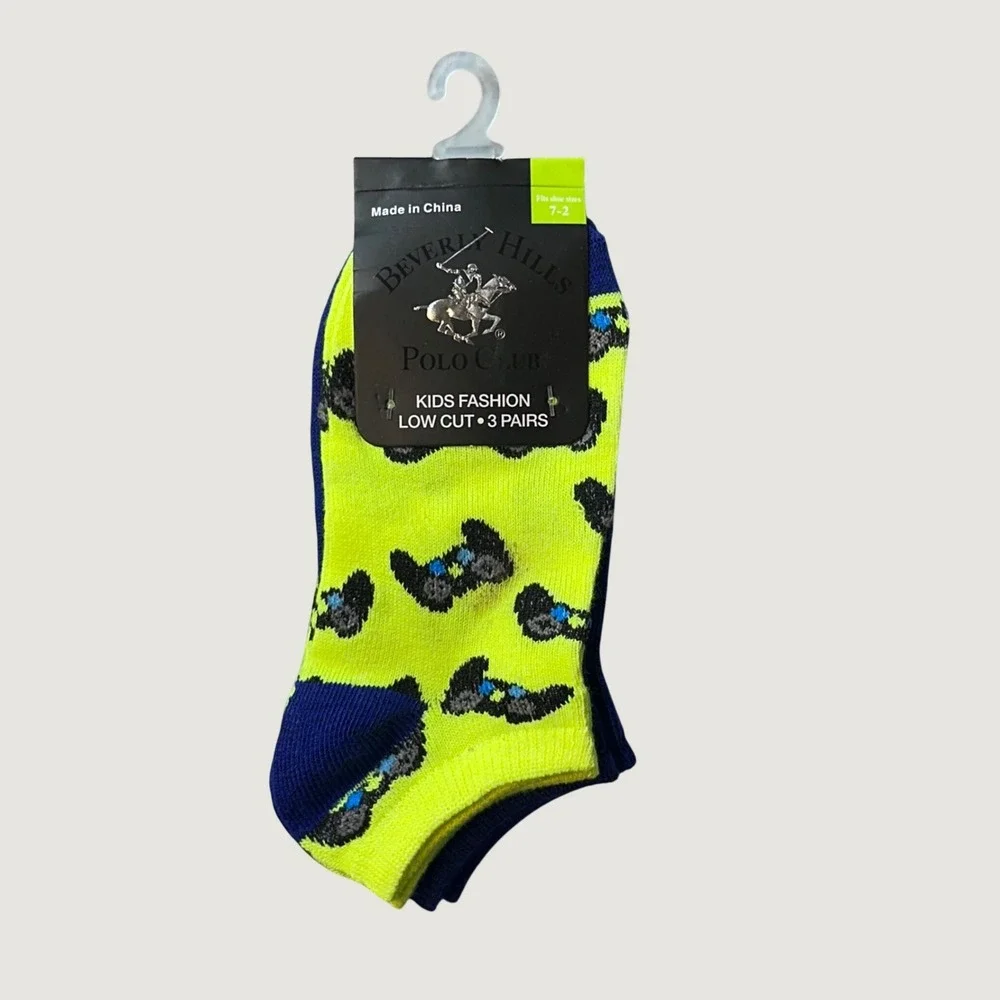Beverly Hills Polo Club Socks Kids 7-2 Neon Yellow Gaming Checkerboard 3 Pairs